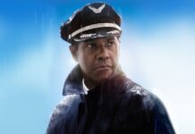 Denzel Washington Looking Serious In-Flight Movie