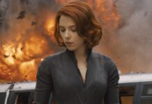 Scarlett Johansson In Black Widow Costume Pose