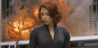 Scarlett Johansson In Black Widow Costume Pose